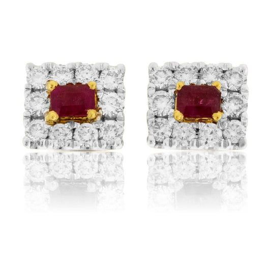 Emerald-Cut Red Emerald and Diamond Halo Stud Earrings - Park City Jewelers