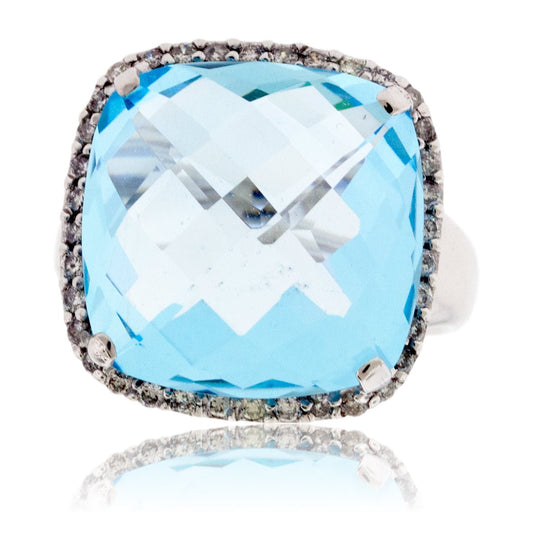 Fancy Cushion Cut Blue Topaz and Diamond Halo Ring - Park City Jewelers