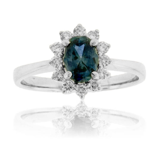 Fancy Cut Montana Sapphire & Classic Style Diamond Halo Ring - Park City Jewelers