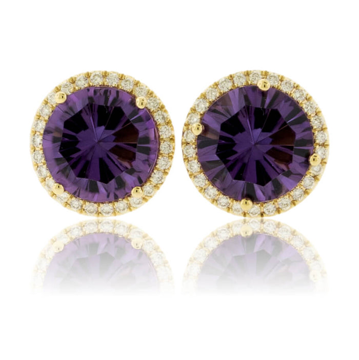 Fancy Cut Round Amethyst & Diamond Halo Stud Earrings - Park City Jewelers