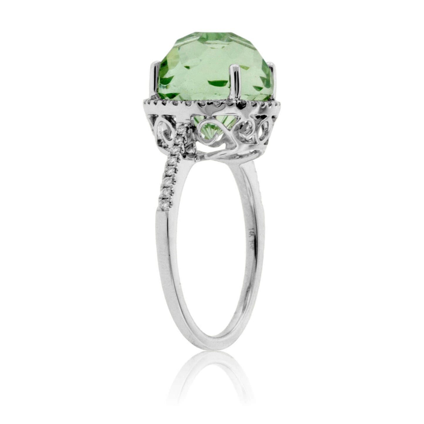 Fancy Daisy Cut Green Amethyst with Diamond Halo Ring - Park City Jewelers