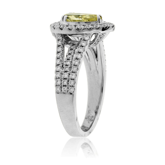 Fancy Natural Greenish-Yellow Diamond with Diamond Halo Ring - Park City Jewelers