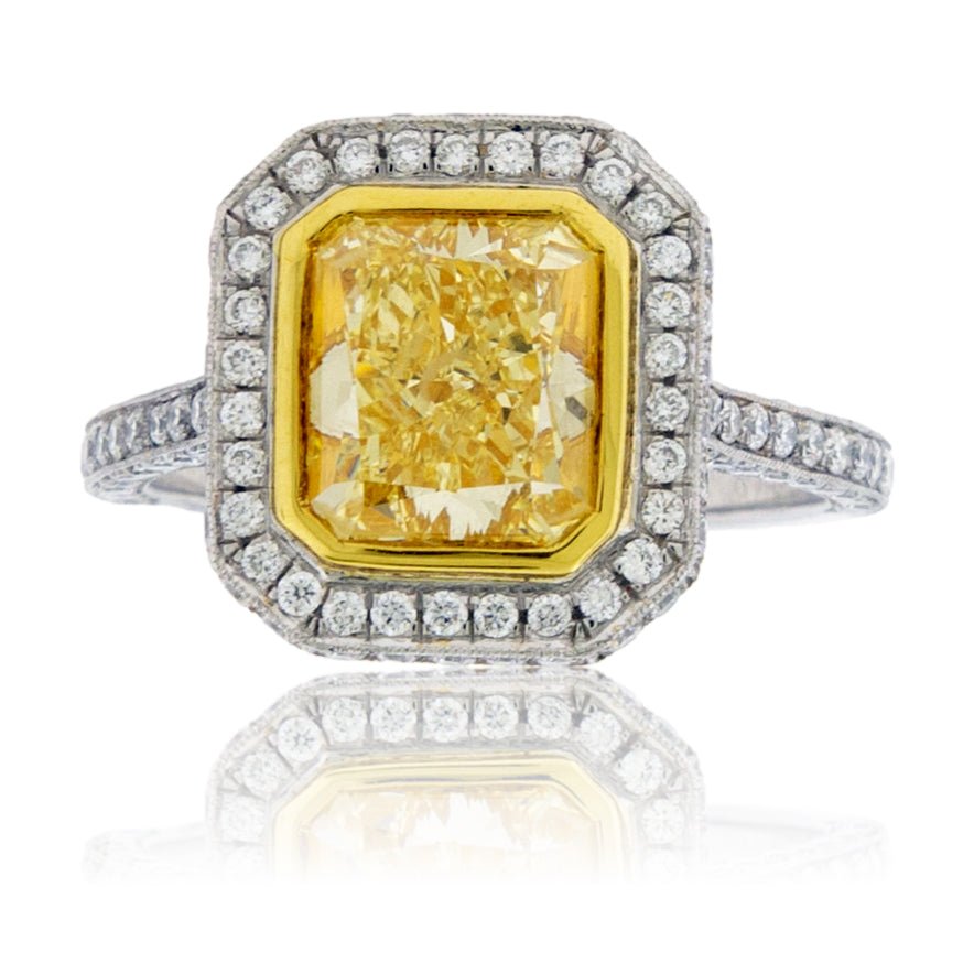 Fancy Natural Yellow Diamond with Diamond Halo Ring - Park City Jewelers
