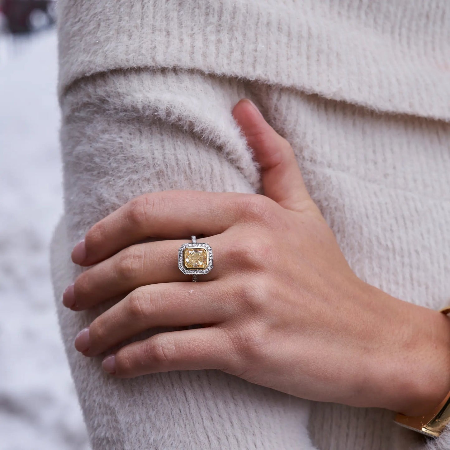 Fancy Natural Yellow Diamond with Diamond Halo Ring - Park City Jewelers