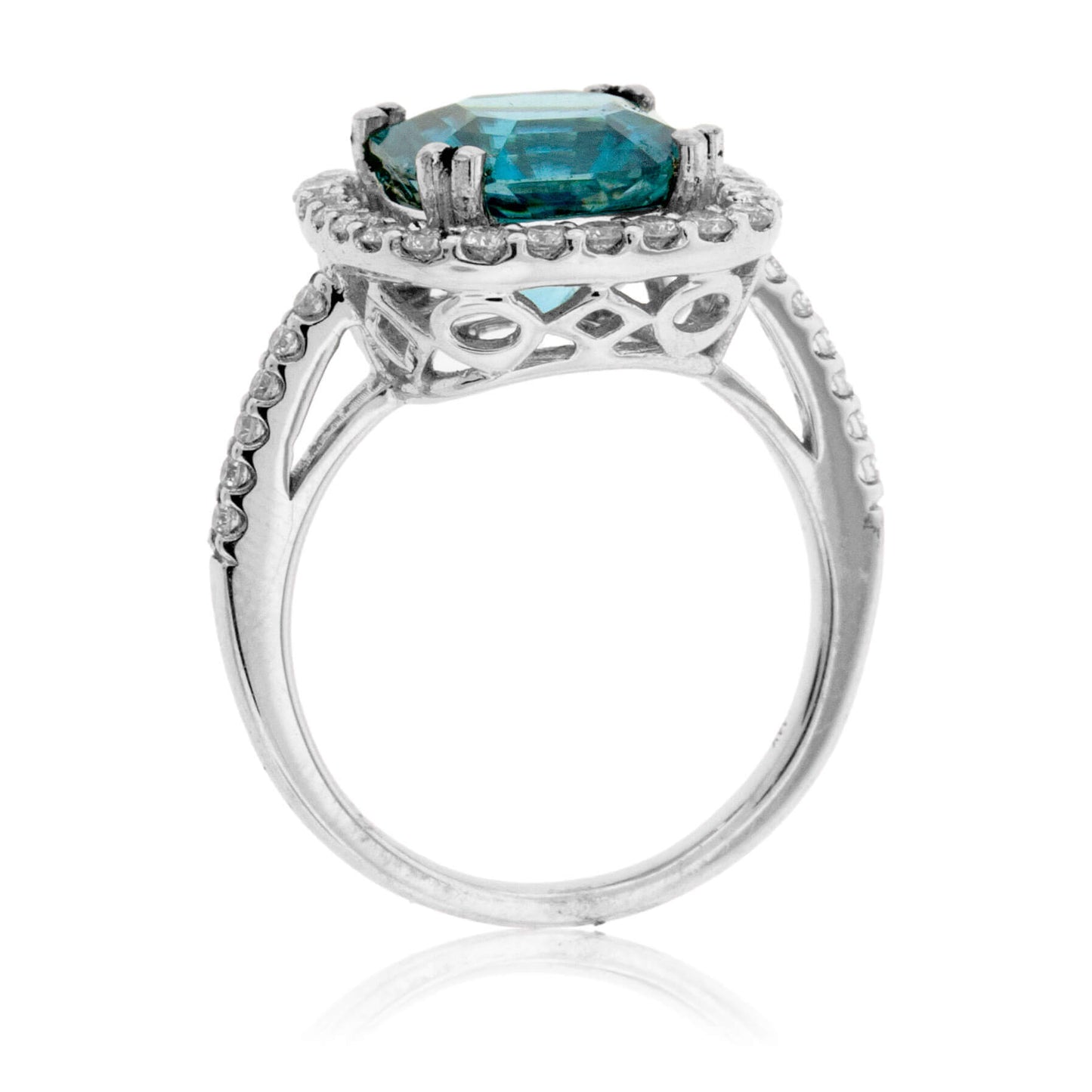 Fancy Step Cut Blue Zircon & Diamond Halo Ring - Park City Jewelers