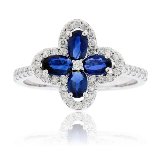 Four Oval Blue Sapphire Flower Style Ring with Diamonds - Park City Jewelers