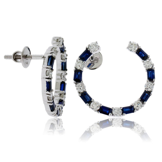 Front Facing Blue Sapphire & Diamond Hoop Earrings - Park City Jewelers