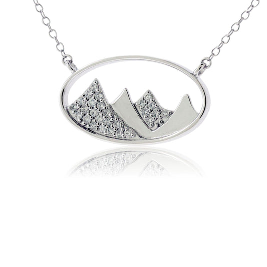 Gold Oval Outline and Diamond Mountain Silhouette Necklace - Park City Jewelers