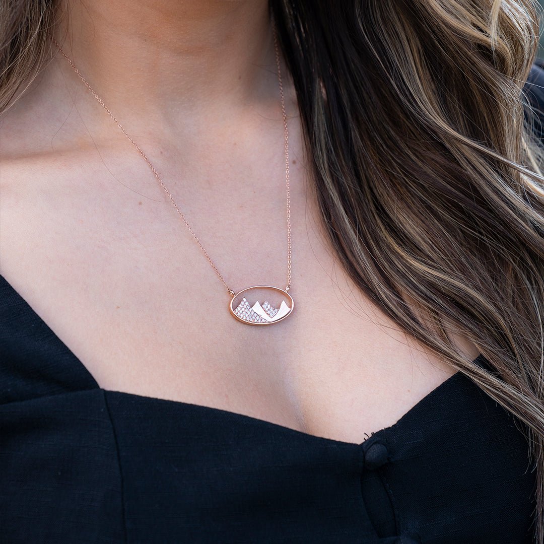 Gold Oval Outline and Diamond Mountain Silhouette Necklace - Park City Jewelers