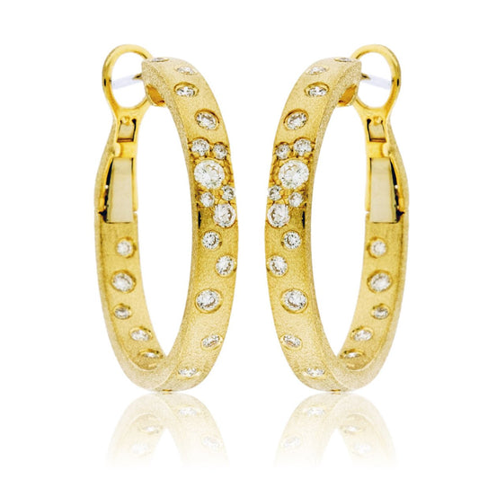 Gold Satin Finish Flush Set Diamond Hoop Earrings - Park City Jewelers