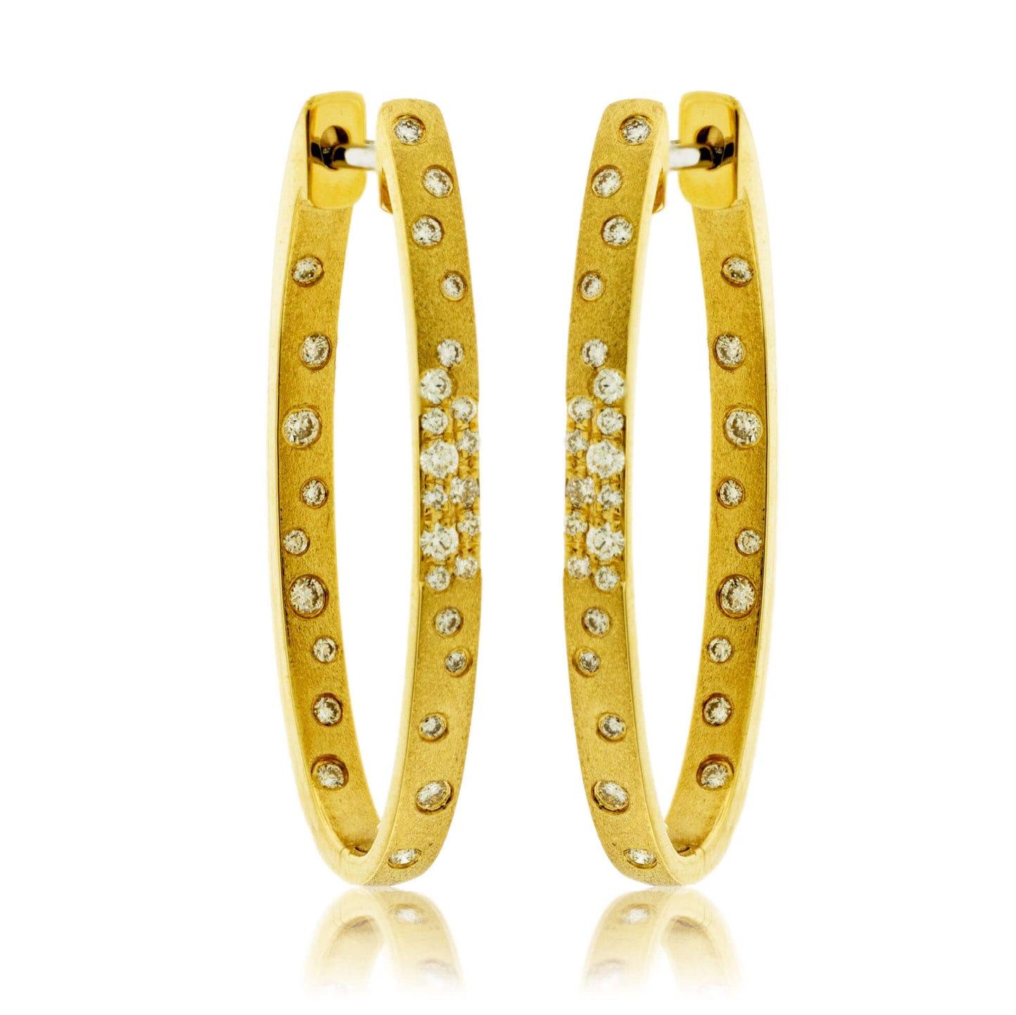 Gold Satin Finish Flush Set Diamond Oval Hoop Earrings - Park City Jewelers