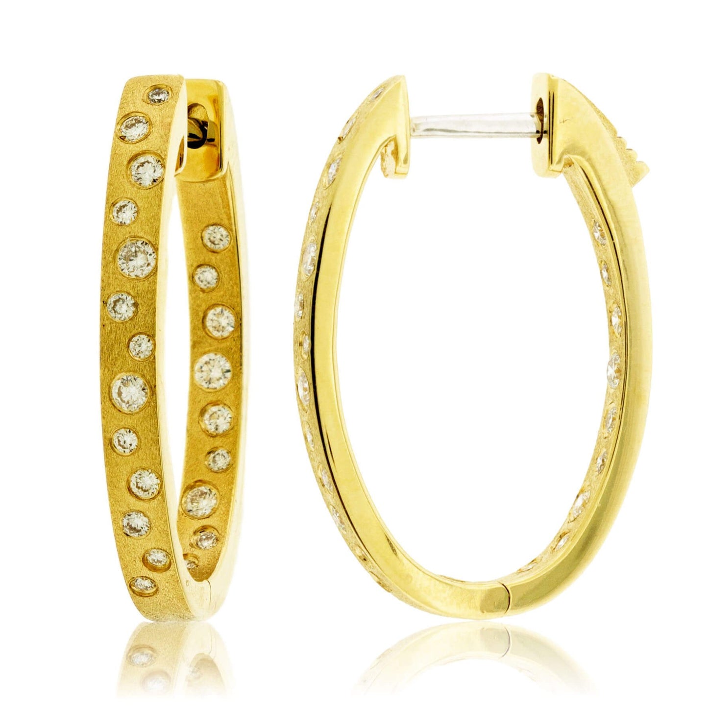 Gold Satin Finish Flush Set Diamond Oval Hoop Earrings - Park City Jewelers