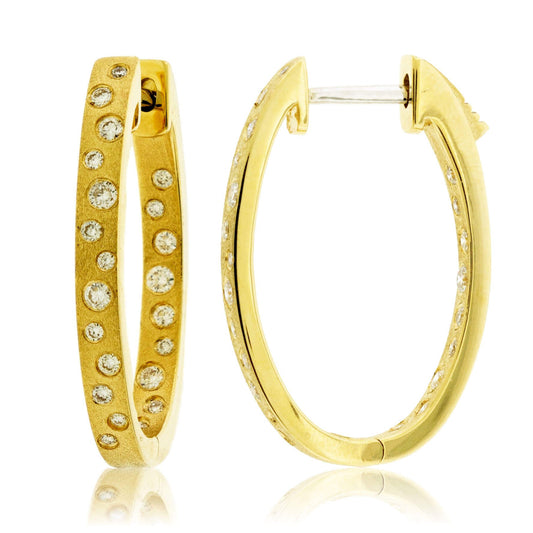 Gold Satin Finish Flush Set Diamond Oval Hoop Earrings - Park City Jewelers