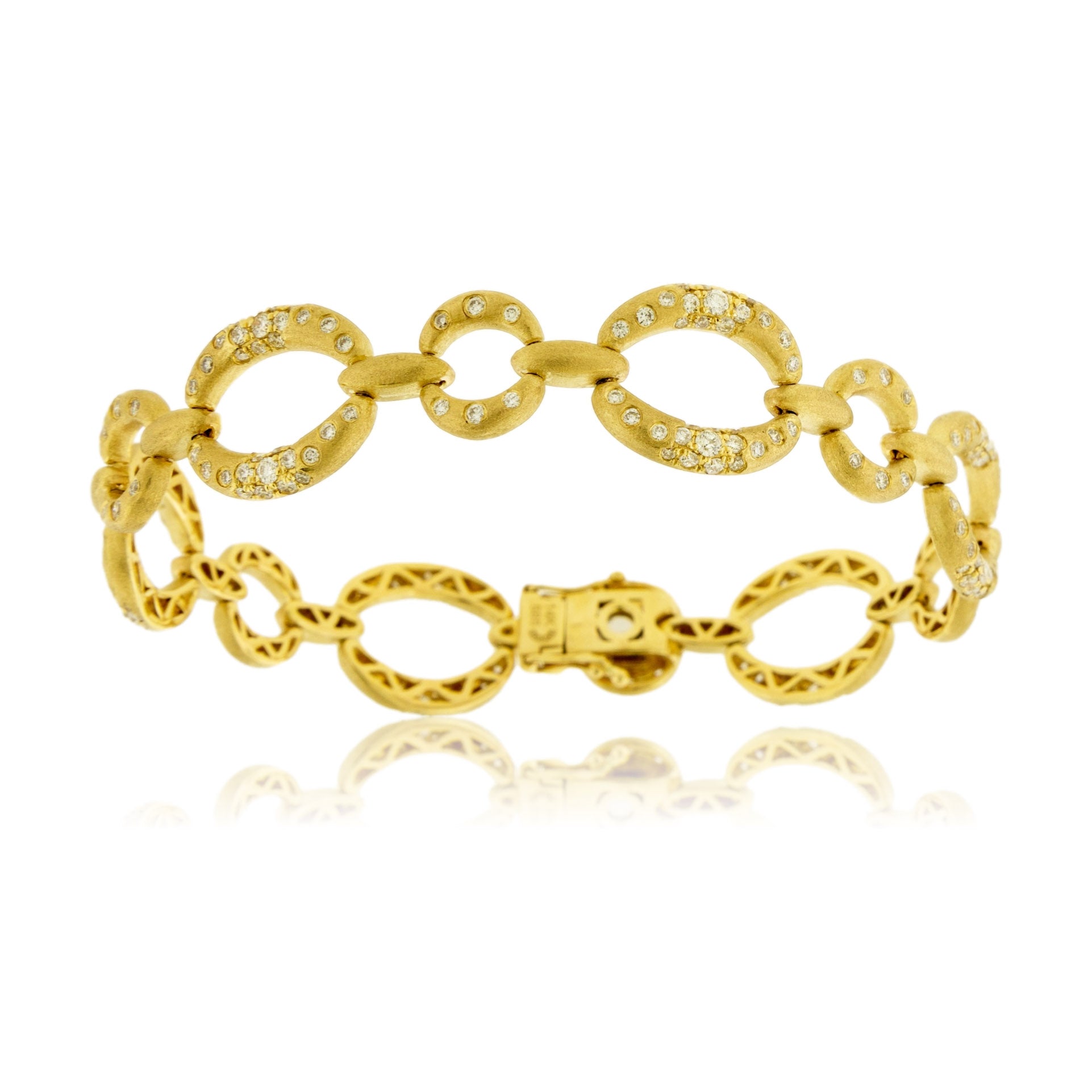 Gold Satin Finish Flush Set Diamond Oval Link Bracelet - Park City Jewelers