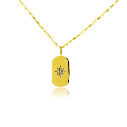 Gold Satin Finish Flush Set Diamond Star Dog Tag Necklace - Park City Jewelers
