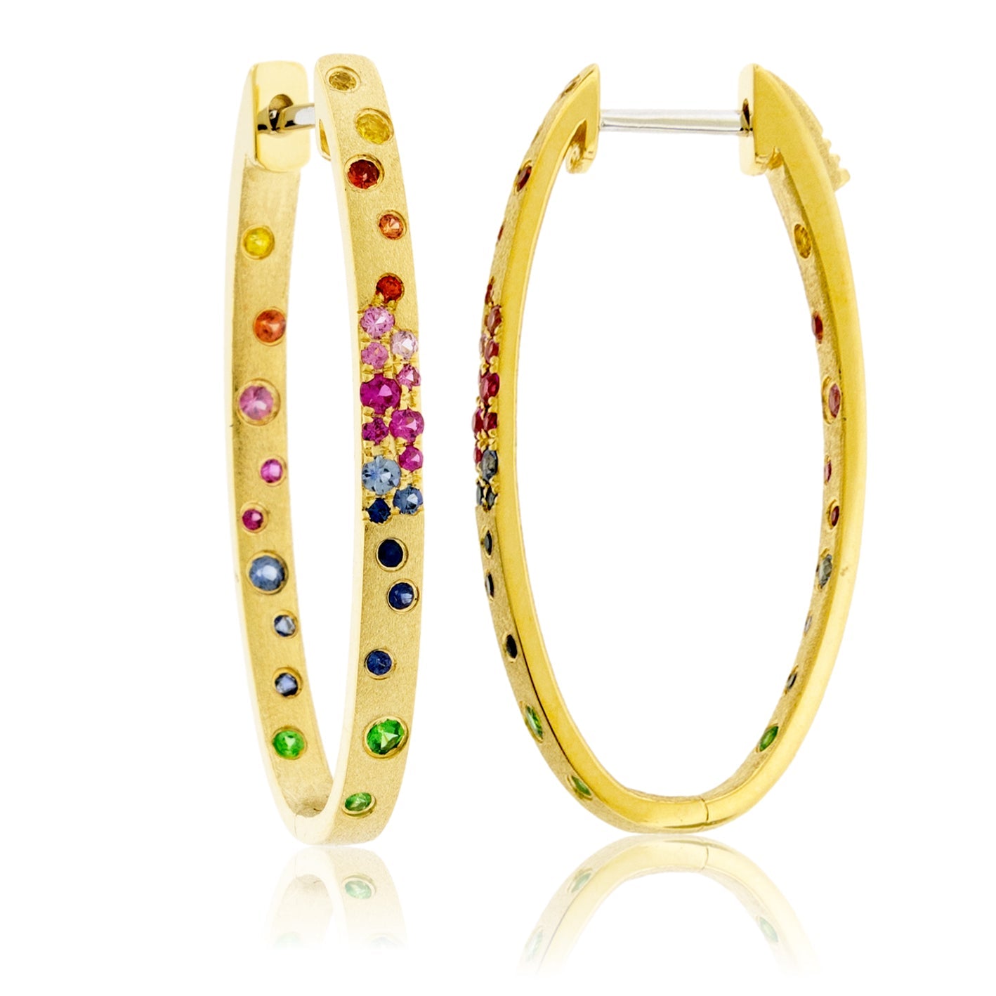 Gold Satin Finish Flush Set Rainbow Sapphire Oval Hoop Earrings - Park City Jewelers