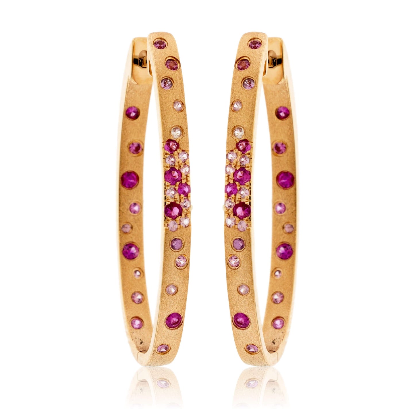 Gold Satin Finish Flush Set Ruby Oval Hoop Earrings - Park City Jewelers