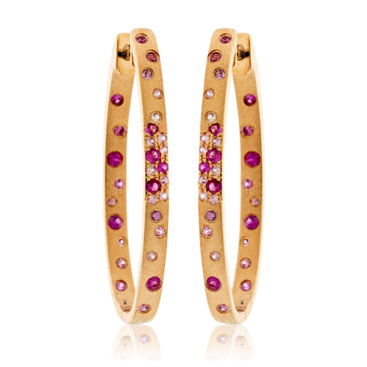 Gold Satin Finish Flush Set Ruby Oval Hoop Earrings - Park City Jewelers