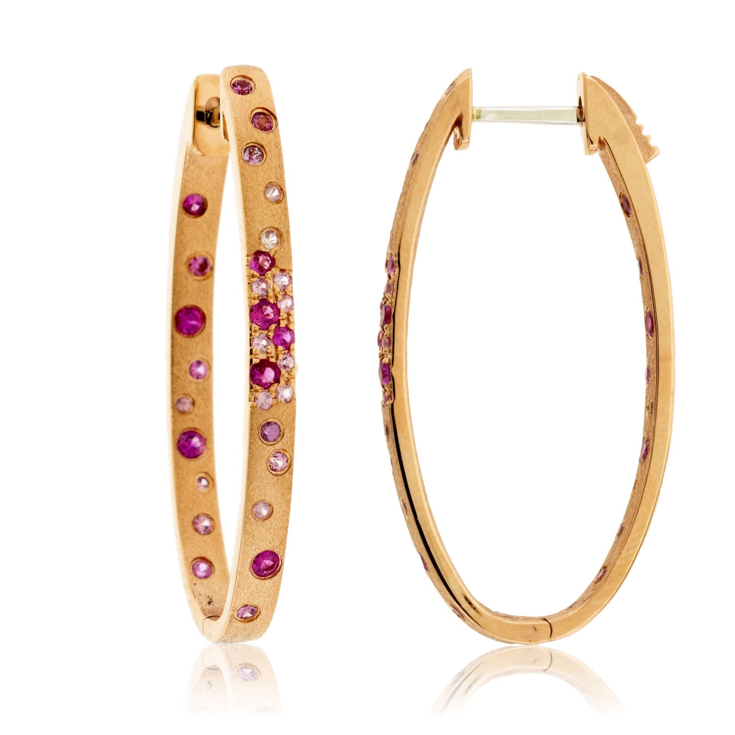 Gold Satin Finish Flush Set Ruby Oval Hoop Earrings - Park City Jewelers