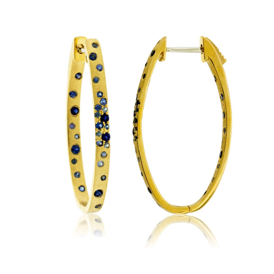 Gold Satin Finish Flush Set Sapphire Oval Hoop Earrings - Park City Jewelers