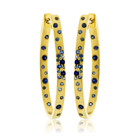 Gold Satin Finish Flush Set Sapphire Oval Hoop Earrings - Park City Jewelers