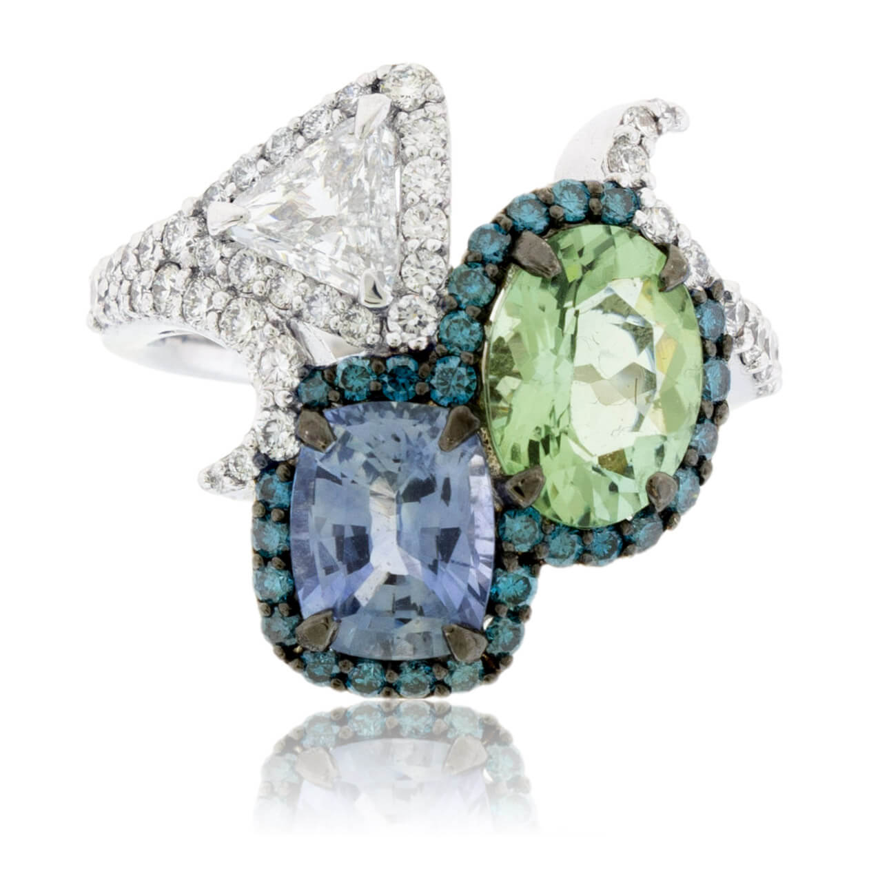 Green Tourmaline, Blue Sapphire & Trillian Diamond Ring - Park City Jewelers