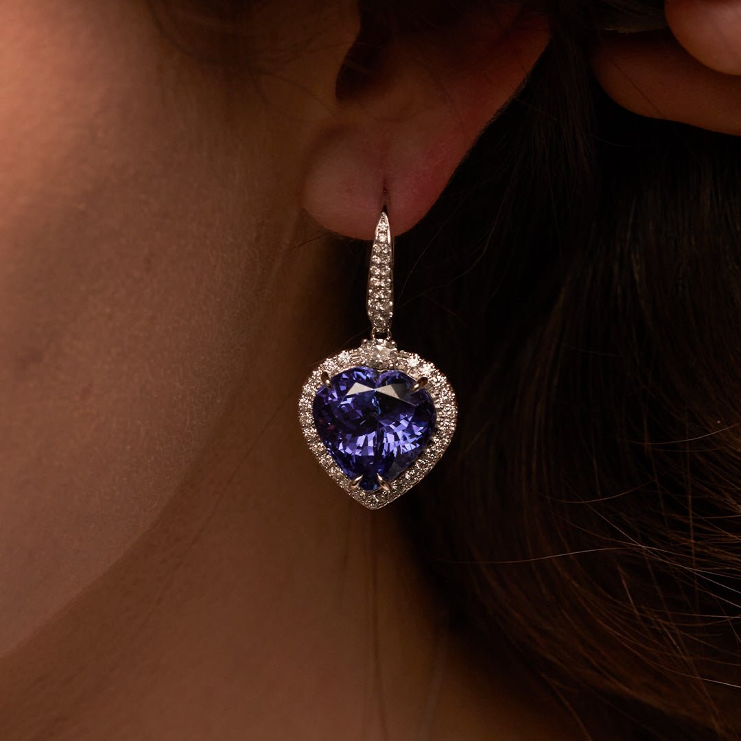 Heart Tanzanite & Stunning Classic Diamond Halo Dangle Earrings - Park City Jewelers