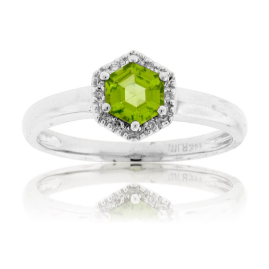 Hexagon Shaped Peridot and Diamond Halo Ring - Park City Jewelers
