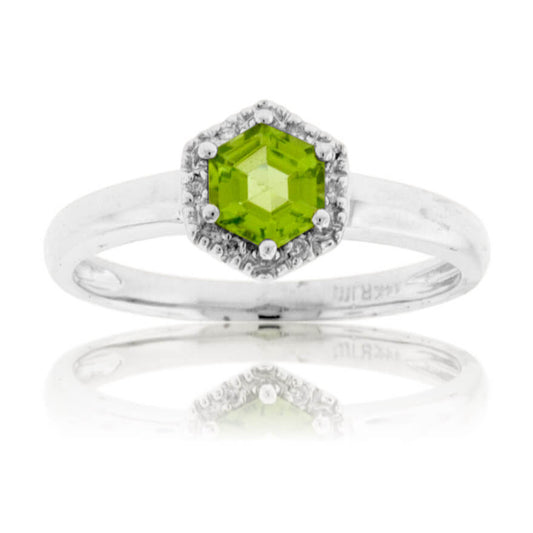 Hexagon Shaped Peridot and Diamond Halo Ring - Park City Jewelers