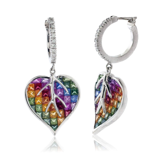 Invisible Set Rainbow Sapphire & Diamond Heart / Leaf Earrings - Park City Jewelers