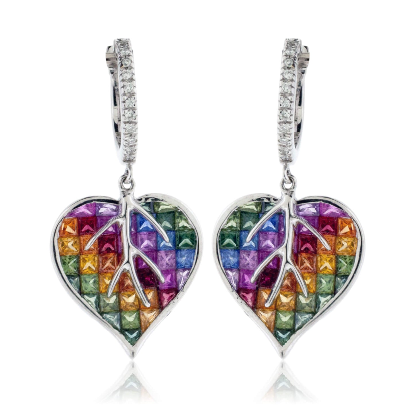 Invisible Set Rainbow Sapphire & Diamond Heart / Leaf Earrings - Park City Jewelers