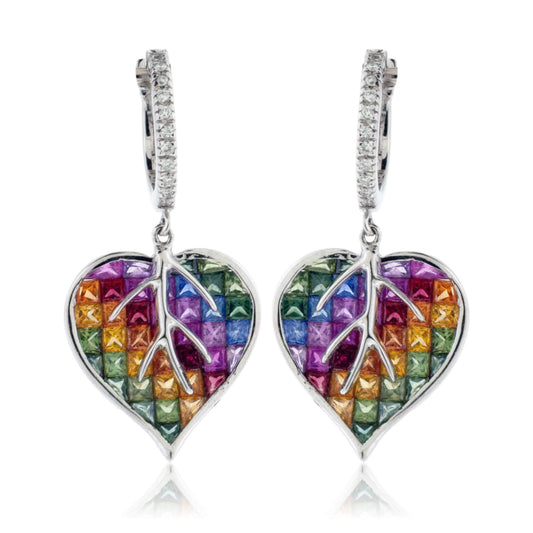 Invisible Set Rainbow Sapphire & Diamond Heart / Leaf Earrings - Park City Jewelers