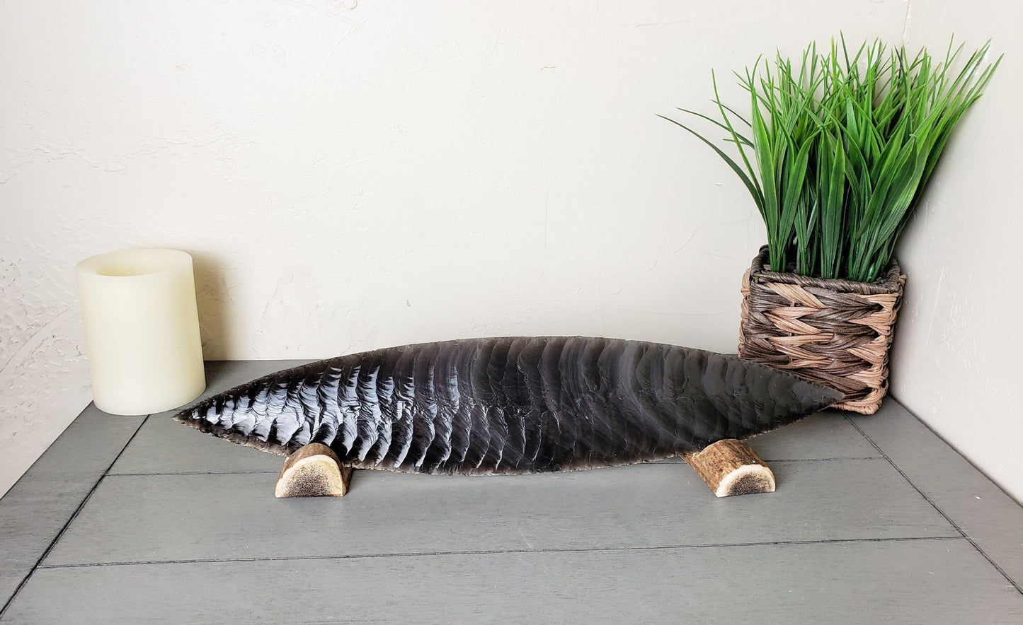 Knapped Rainbow Obsidian Blade with Antler Stands - Park City Jewelers