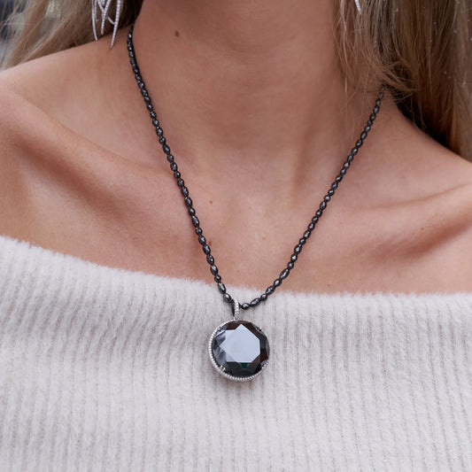 Large Round Black Diamond & Diamond Halo Pendant - Park City Jewelers