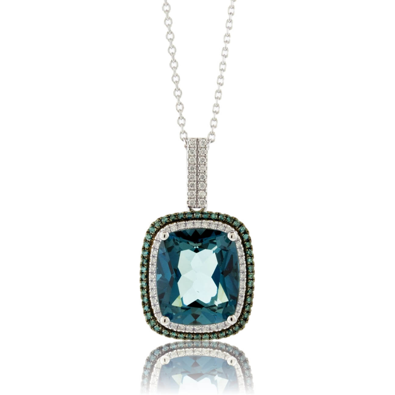 London Blue Topaz, Blue Diamond & Diamond Halo Pendant w/Chain - Park City Jewelers