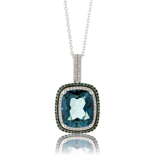 London Blue Topaz, Blue Diamond & Diamond Halo Pendant w/Chain - Park City Jewelers