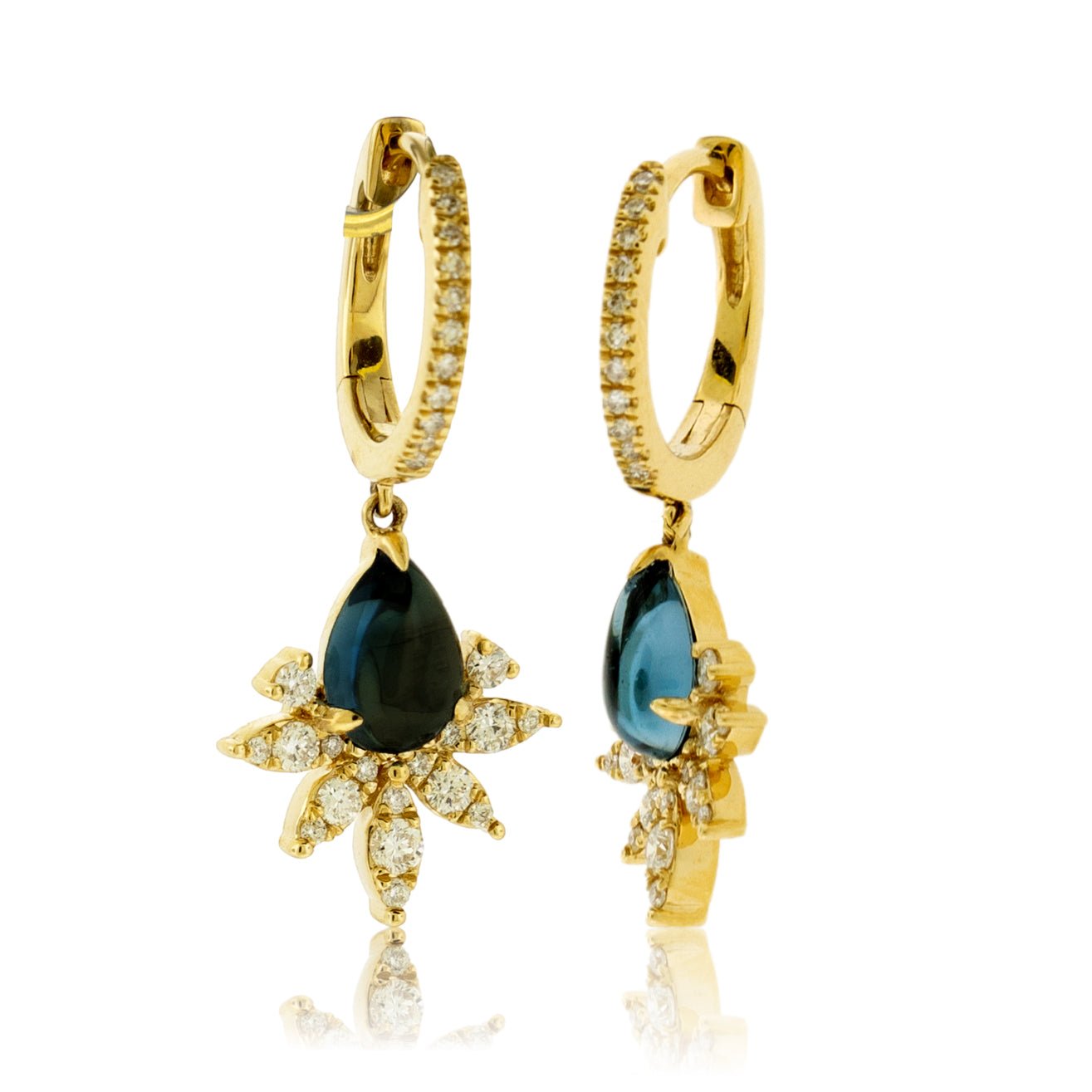 London Blue Topaz Cabochon & Diamond Burst Drop Earrings - Park City Jewelers