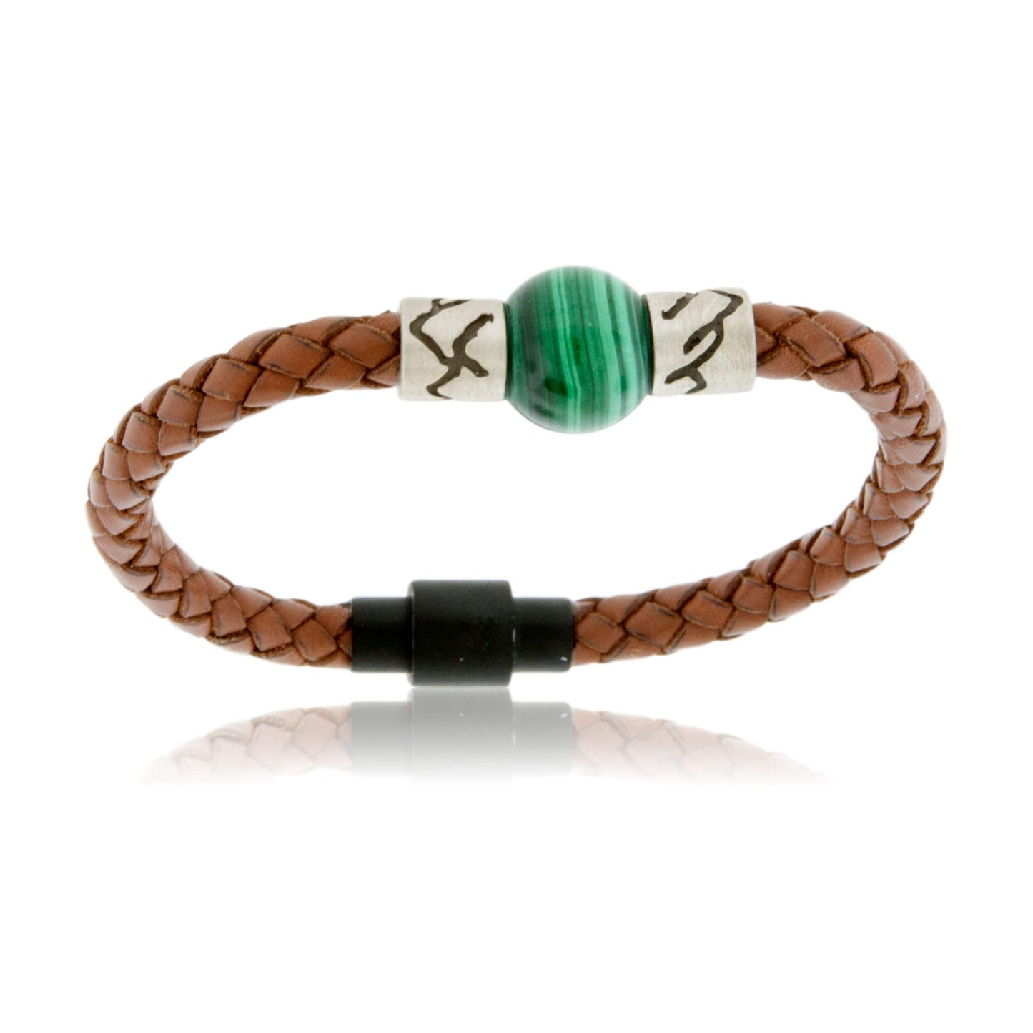 Malachite & Mountain Bead on Woven Leather Sterling Silver Bracelet - Park City Jewelers