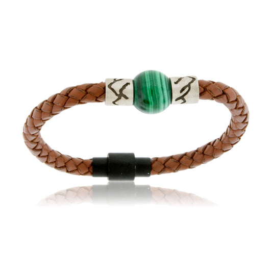 Malachite & Mountain Bead on Woven Leather Sterling Silver Bracelet - Park City Jewelers