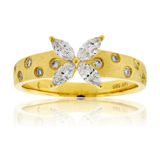 Marquise Diamond Florette Gold Satin Finish Flush Set Ring - Park City Jewelers