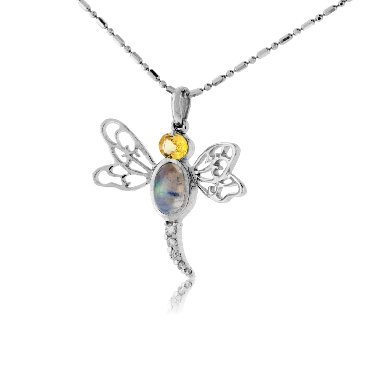 Moonstone, Golden Sapphire, & Diamond Dragonfly Pendant - Park City Jewelers