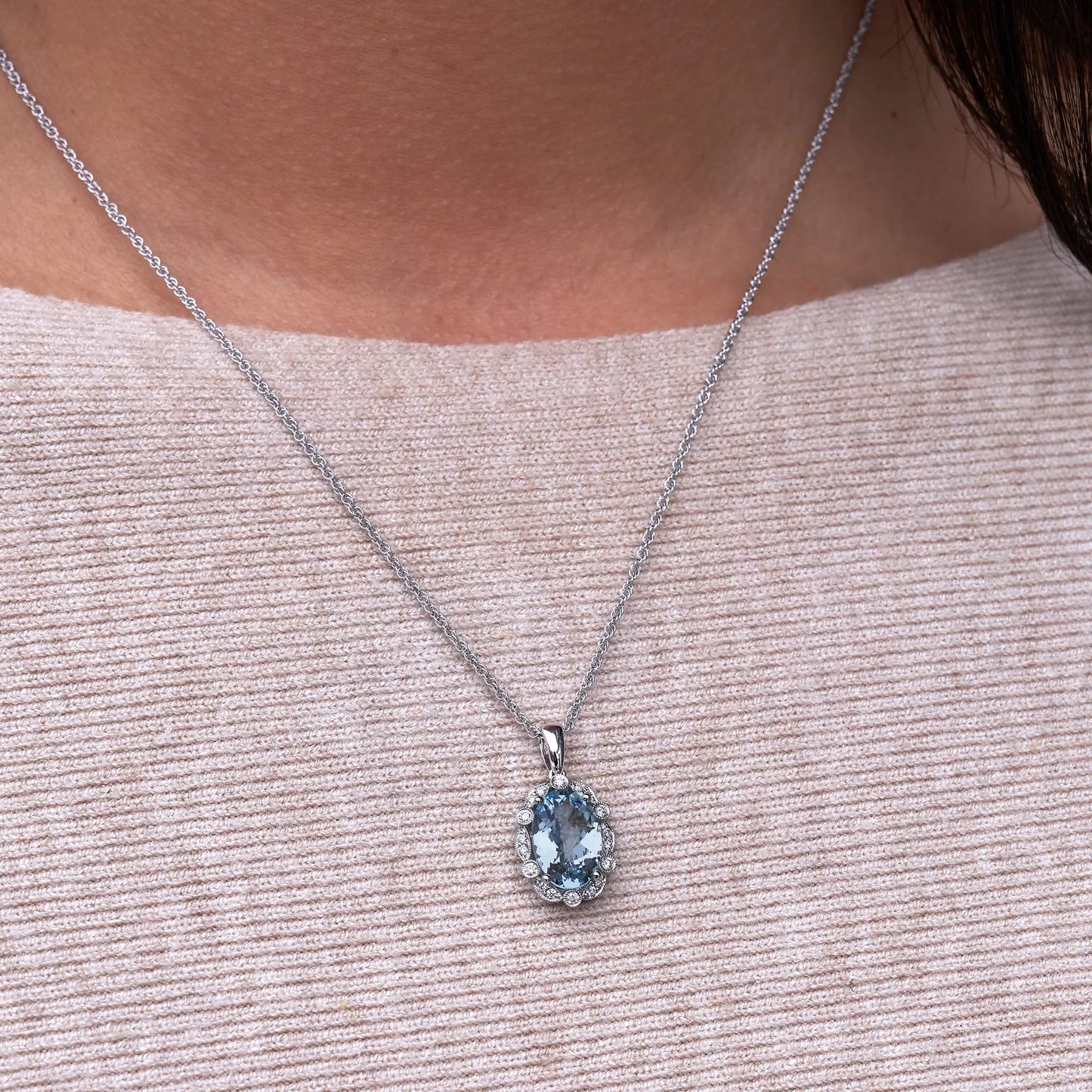 Oval Aquamarine and Diamond Scalloped Halo Pendant w/Chain - Park City Jewelers