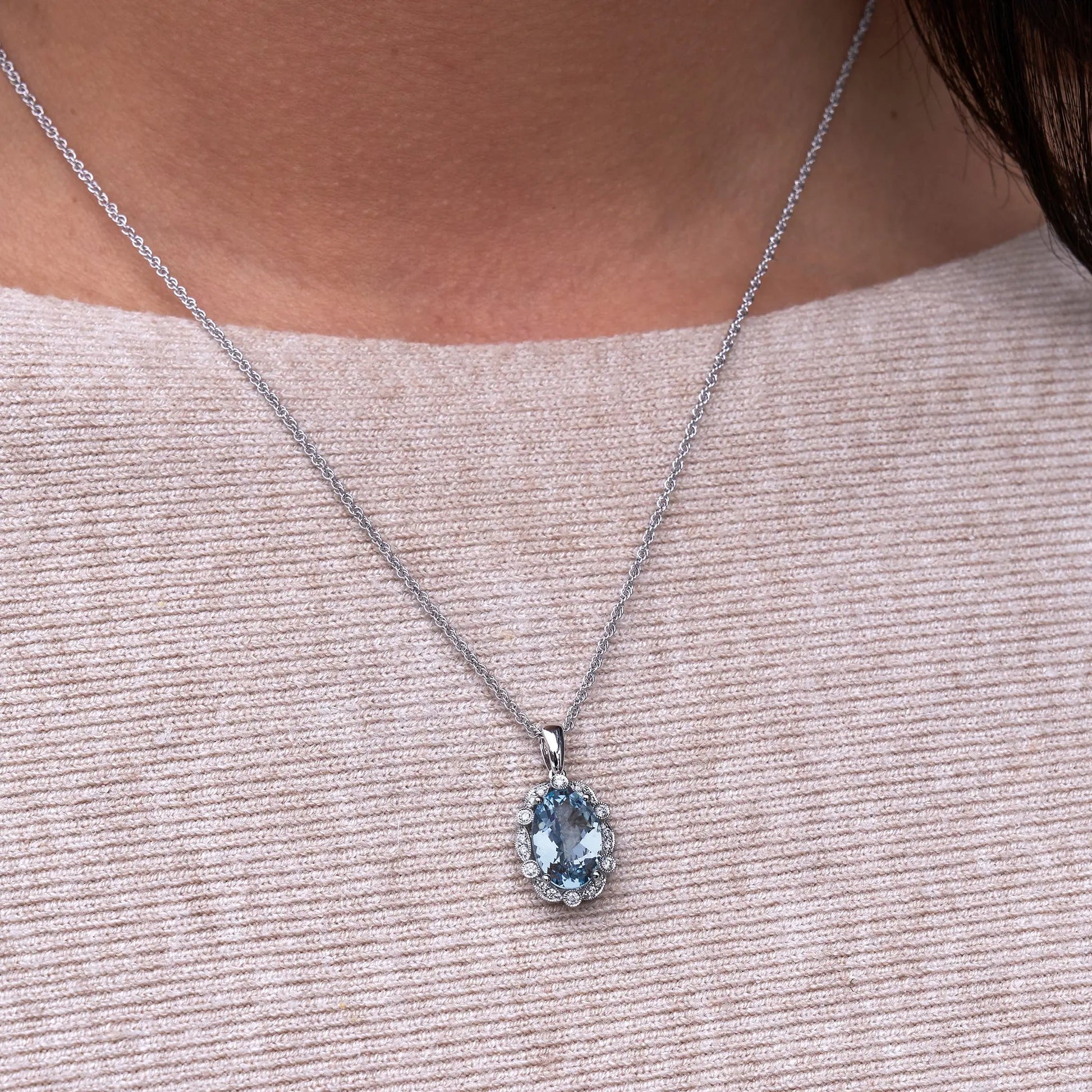 Oval Aquamarine and Diamond Scalloped Halo Pendant w/Chain - Park City Jewelers
