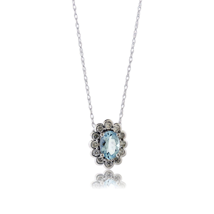 Oval Aquamarine and Diamond Scalloped Halo Pendant w/Chain - Park City Jewelers