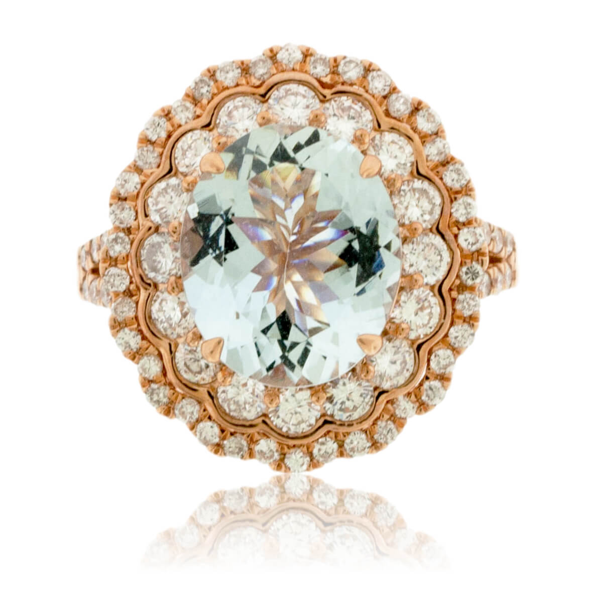 Oval Aquamarine and Scalloped Double Halo Diamond Ring - Park City Jewelers