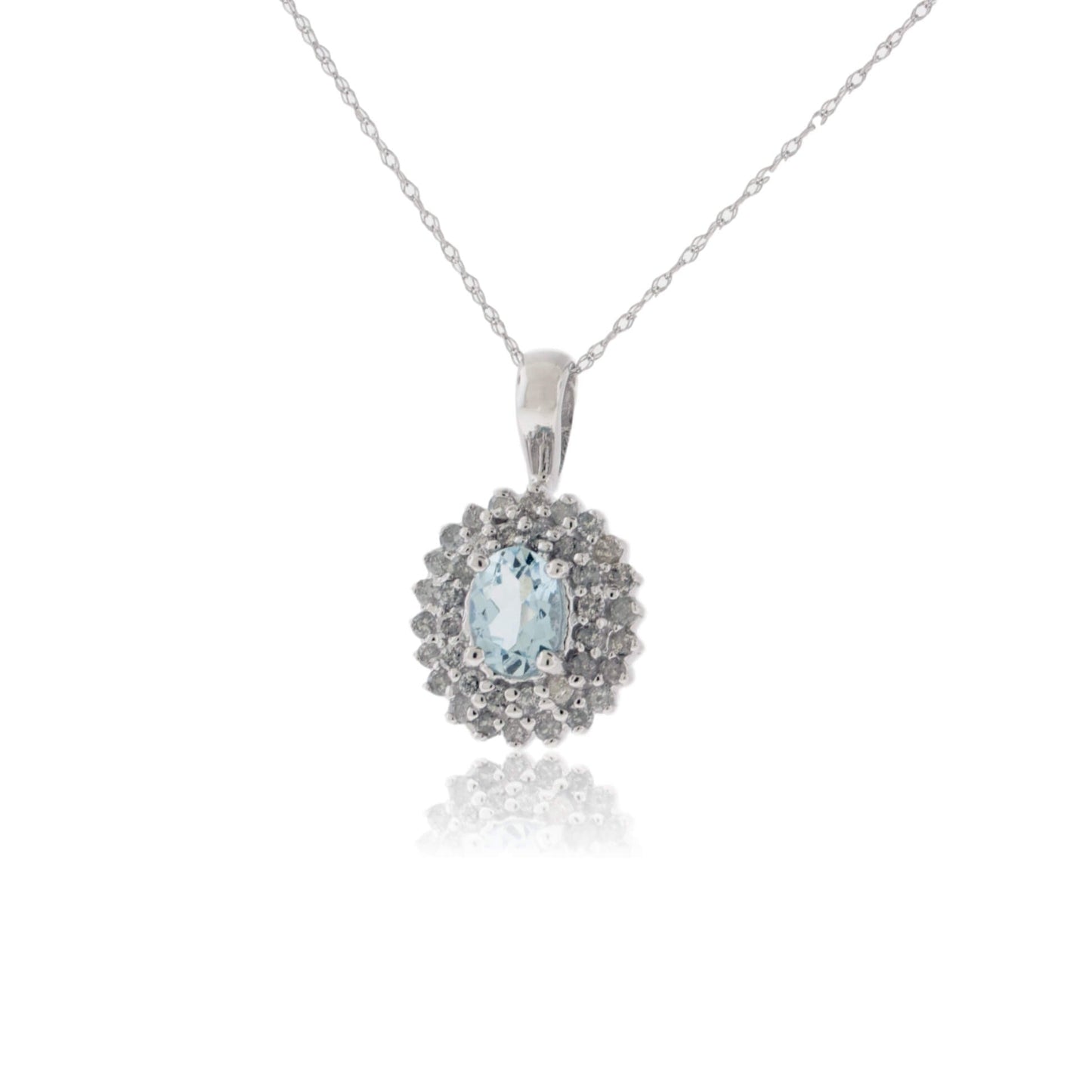 Oval Aquamarine & Classic Double Diamond Halo Pendant - Park City Jewelers