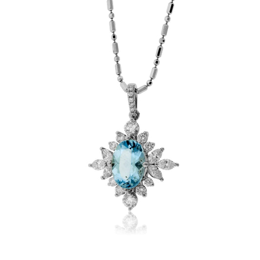 Oval Aquamarine & Sunburst Diamond Halo Pendant - Park City Jewelers
