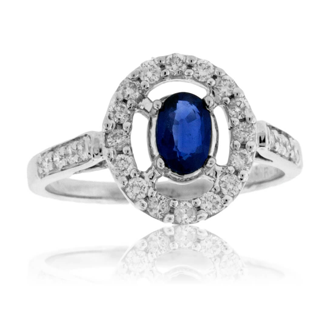Oval Blue Sapphire & Diamond Halo Ring - Park City Jewelers