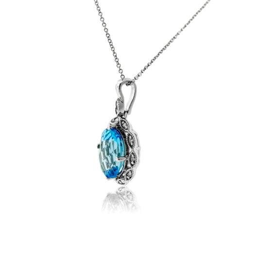 Oval Blue Topaz & Diamond Scalloped Halo Pendant - Park City Jewelers