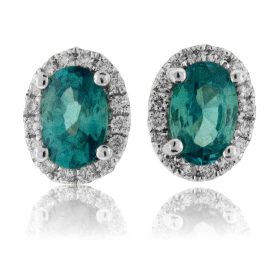 Oval Blue Zircon & Diamond Halo Stud Post Earrings - Park City Jewelers